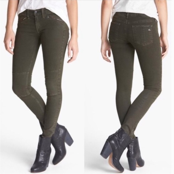 rag & bone Denim - RAG & BONE Ridley Moto Wax Dark Olive Skinny Jeans